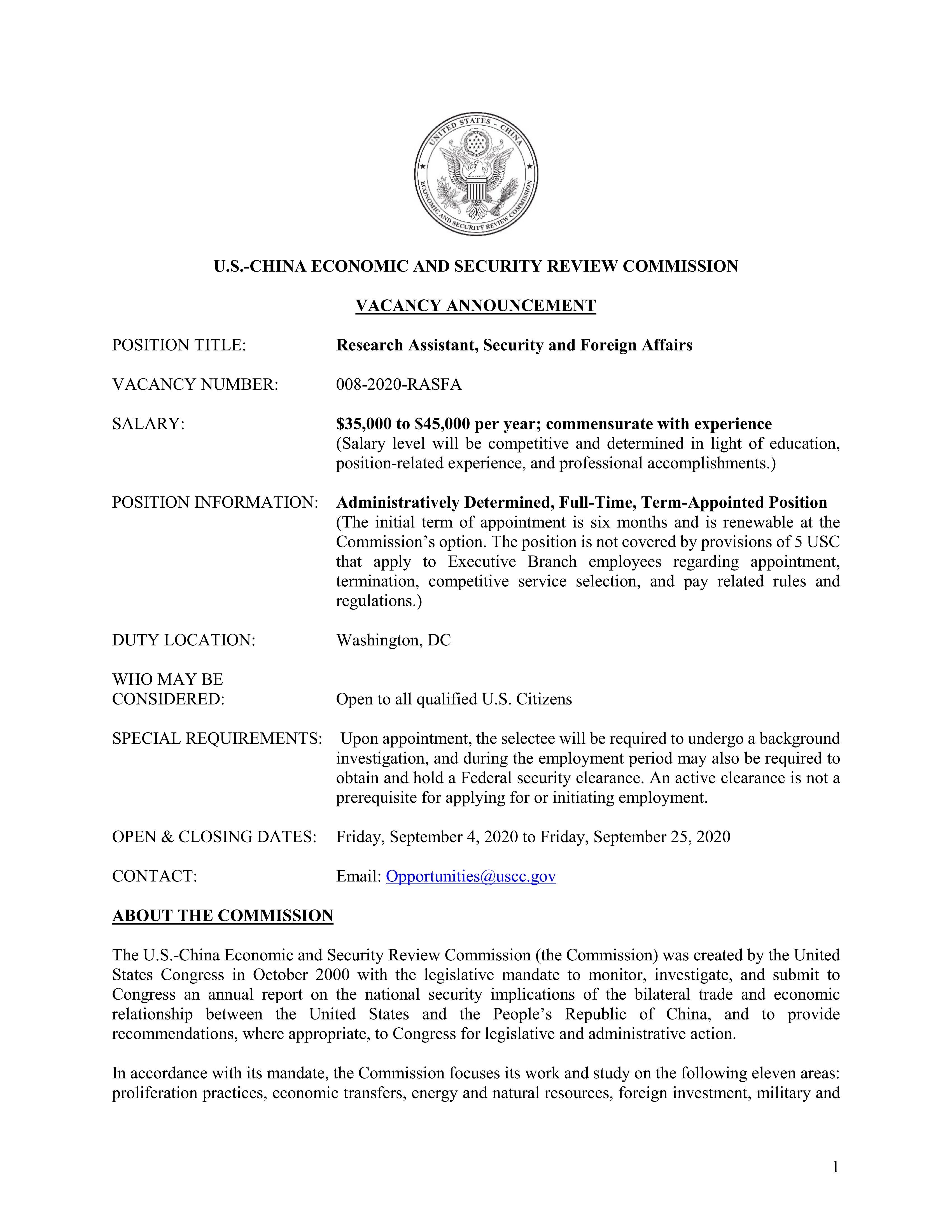 Job Opportunity with the US-China Economic & Security Review Commission