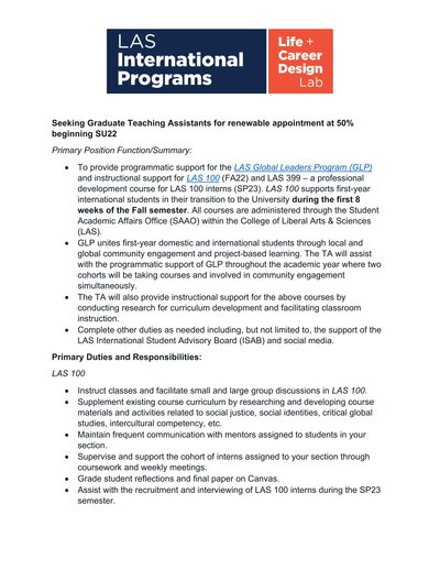 LAS 100 & GLP Graduate Teaching Assistantship