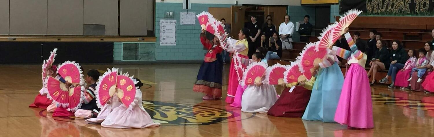People in traditional, colorful wear performing with pink fans